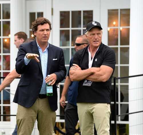 Bedminster,nj-july,31,2022:,Tucker,Carlson,(l),Talks,To,Greg,Norman,At