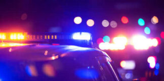 Police car lights flashing at night background