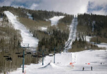 Skiers on snowy mountain with chairlifts and trees