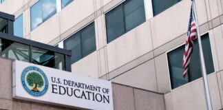 Exterior view of the U.S. Department of Education building with an American flag