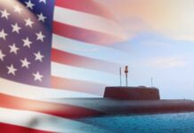 Underwater Cables HACKED—Cold War Secrets Revealed A submarine partially submerged in the ocean with an American flag overlay