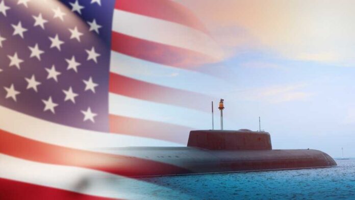 A submarine partially submerged in the ocean with an American flag overlay