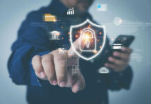 Person interacting with digital security lock hologram.