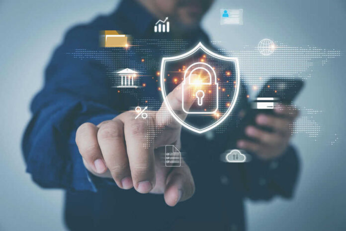 Person interacting with digital security lock hologram.