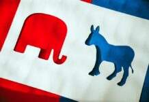 Cutout shapes of a red elephant and a blue donkey on a white background