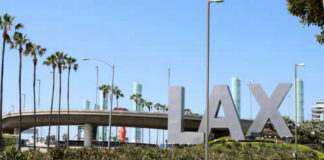 LAX sign with palm trees and blue sky