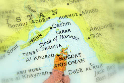 Map highlighting the Strait of Hormuz and surrounding regions