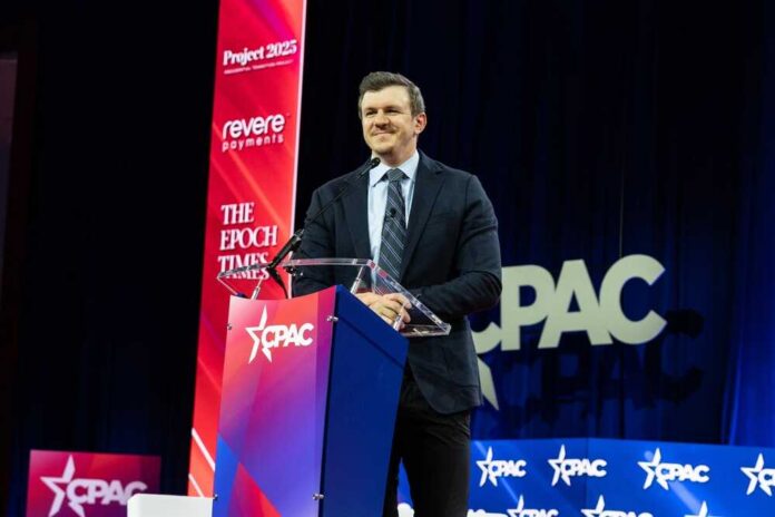 A speaker at a podium during a CPAC event