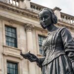 Bronze statue of a woman holding a bird in an urban environment