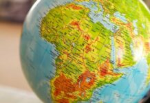 Close-up of a globe highlighting the African continent
