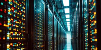 Interior view of a data center with illuminated server racks