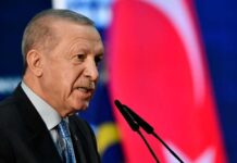 A political leader speaking into a microphone with a national flag in the background