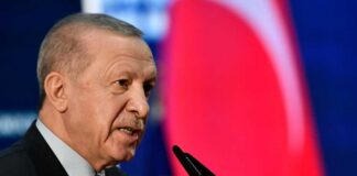 A political leader speaking into a microphone with a national flag in the background