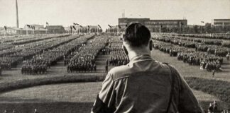 A historical figure overlooking a large military gathering