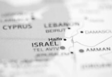 Close-up of a map highlighting Haifa in Israel
