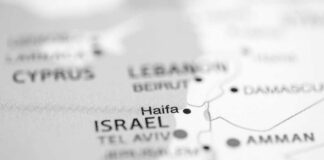 Close-up of a map highlighting Haifa in Israel