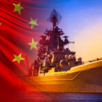 Chinese naval warship at sea with national flag overlay