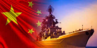 Chinese naval warship at sea with national flag overlay