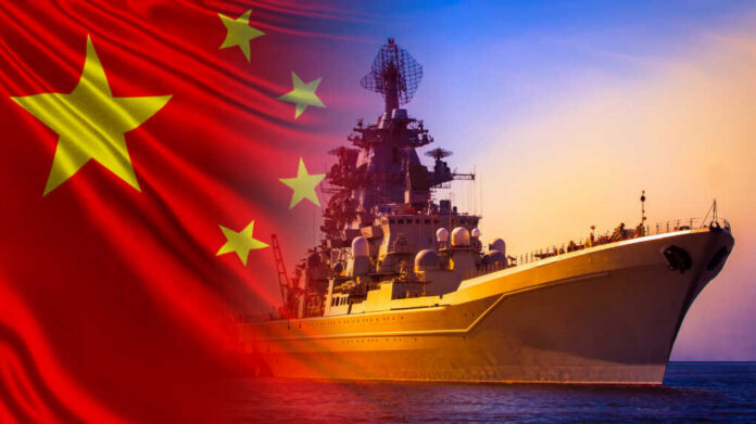 Warship,Close-up,On,The,Background,Of,The,Chinese,Flag.,Protection Chinese naval warship at sea with national flag overlay