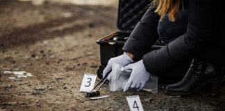 Person collecting evidence at a crime scene outdoors