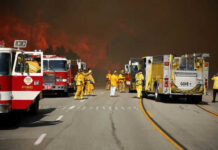 CALIFORNIA BURNING: State Policies Come Under Fire Firefighters battling large wildfire with fire trucks present