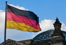 Shocking DIVE in Germany’s Foreign Investments German flag waving against a blue sky near a historic building