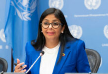 Oil Realignment? Rodríguez’s Shocking India Call A woman in a blue suit speaking at a United Nations conference