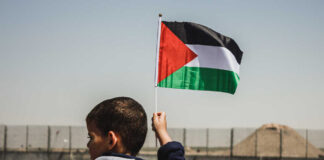 Child holding a Palestinian flag in an outdoor area