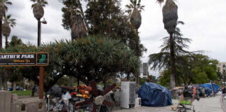 Homeless encampment with shopping carts and tents in a park
