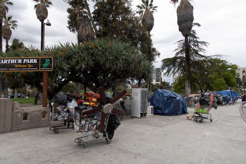 Homeless encampment with shopping carts and tents in a park