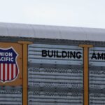 Union Pacific railroad sign displaying 'Building America'