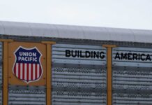 Union Pacific railroad sign displaying 'Building America'