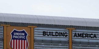 Union Pacific railroad sign displaying 'Building America'