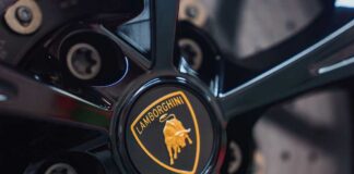 Close-up of a Lamborghini wheel with logo