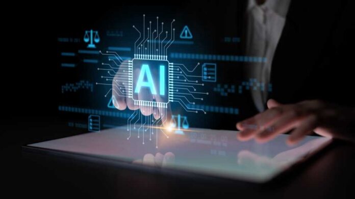 Ai,Circuit,Microchip,With,Glowing,Blue,Lines,,Surrounded,By,Legal A hand interacting with a digital tablet displaying AI graphics