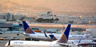 Airplanes parked at airport terminal with United branding