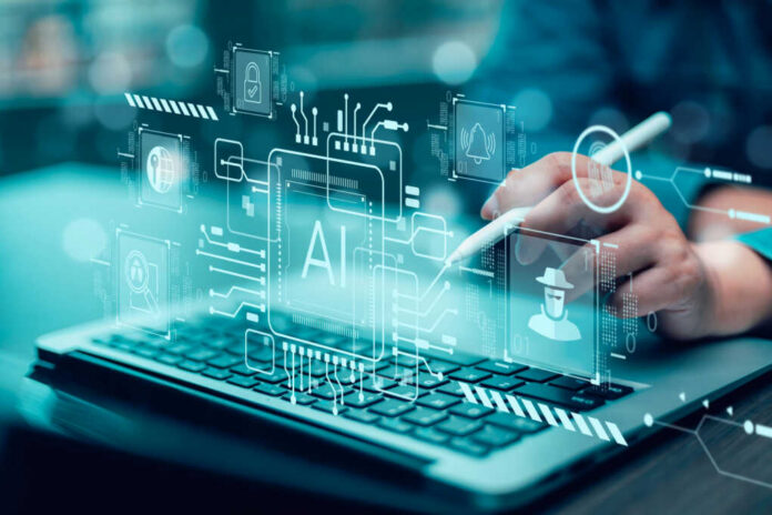 Person using stylus on laptop with AI and cybersecurity icons overlay