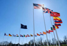 NATO Drift—China and Russia Test the Gaps Flags of multiple countries against blue sky