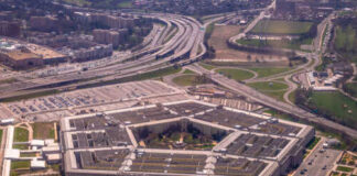 Aerial view of the Pentagon surrounded by roads and parking lots