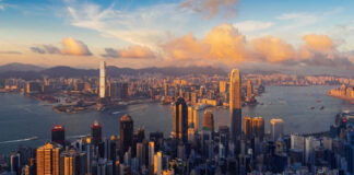 Aerial view of Hong Kong skyline during sunset with clouds