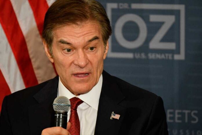 Republican,Candidate,For,U.s.,Senator,Dr.,Mehmet,Oz,Hosts,A A man speaking into a microphone with an American flag pin on his suit