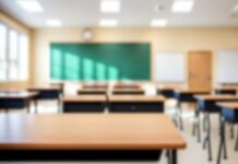 District Bypasses Parents—Gender Calls In-House Empty classroom with desks, a green chalkboard, and natural light
