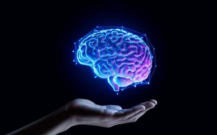 A digital representation of a brain hovering above an open hand