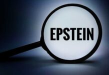 Magnifying glass highlighting the word 'EPSTEIN' against a dark background