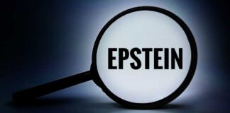 Magnifying glass highlighting the word 'EPSTEIN' against a dark background