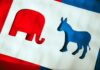 Parties Unleashed — What Gets Turbocharged? Cutout shapes of a red elephant and a blue donkey on a white background