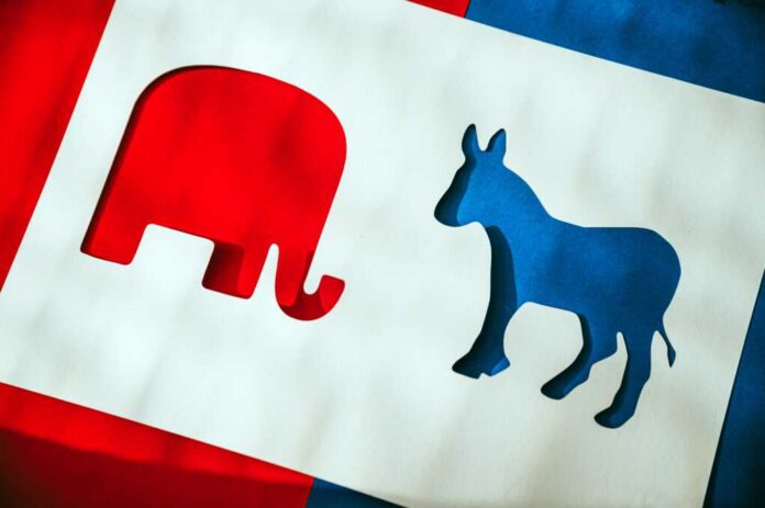 Cutout shapes of a red elephant and a blue donkey on a white background