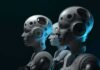 row of humanoid robots with mechanical heads in profile