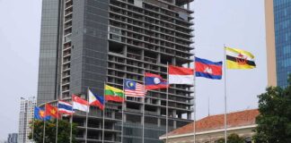 Row of ASEAN national flags in front of city buildings
