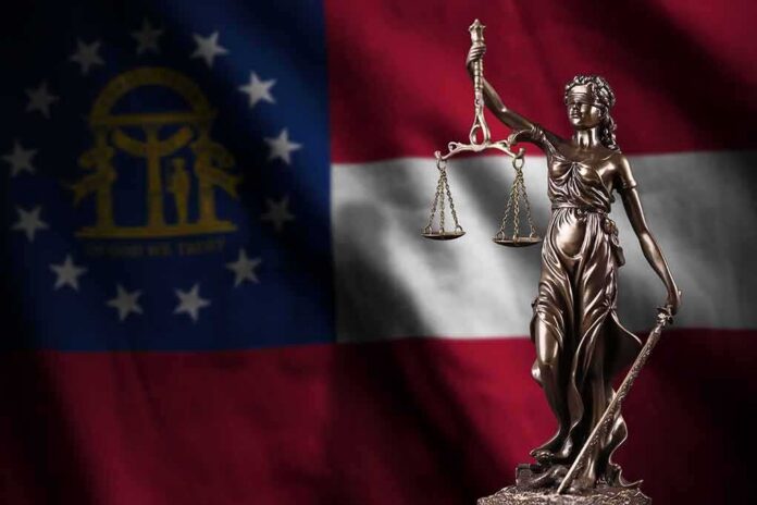 shutterstock_2217048989 Lady Justice statue in front of Georgia state flag